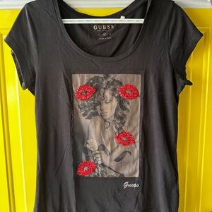 Guess Black and Red Graphic Tee with Sequin Detail